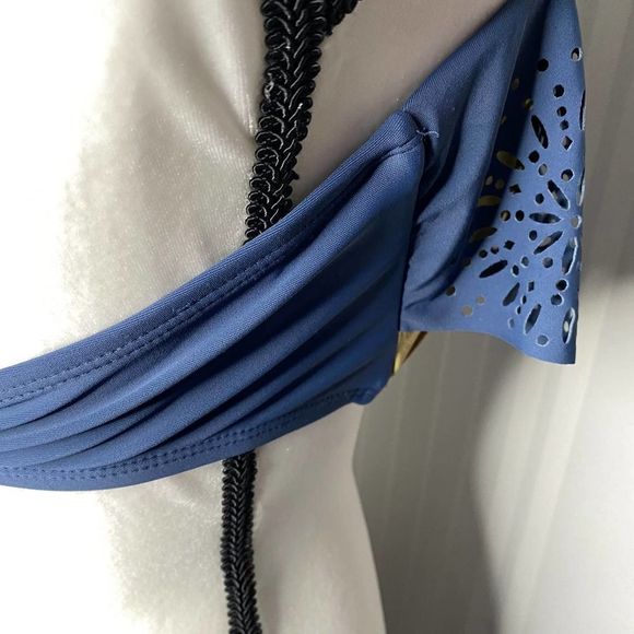 Ninety Six Degrees Strapless Flounce Eyelet Bikini Top Gold Metallic Large Blue - Picture 7 of 12